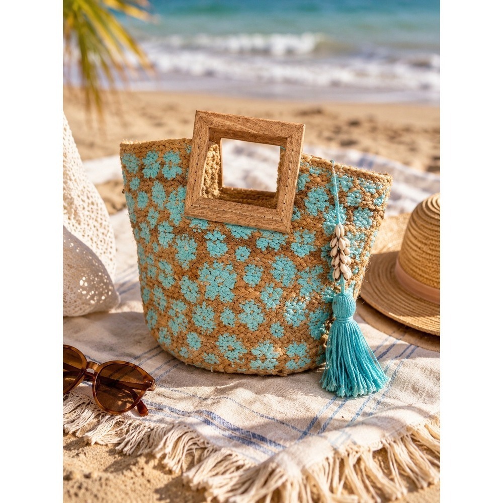 Unbranded Straw Tote Bag Large‎ Turquoise Tan EUC Wood Handle Floral Boho Beach